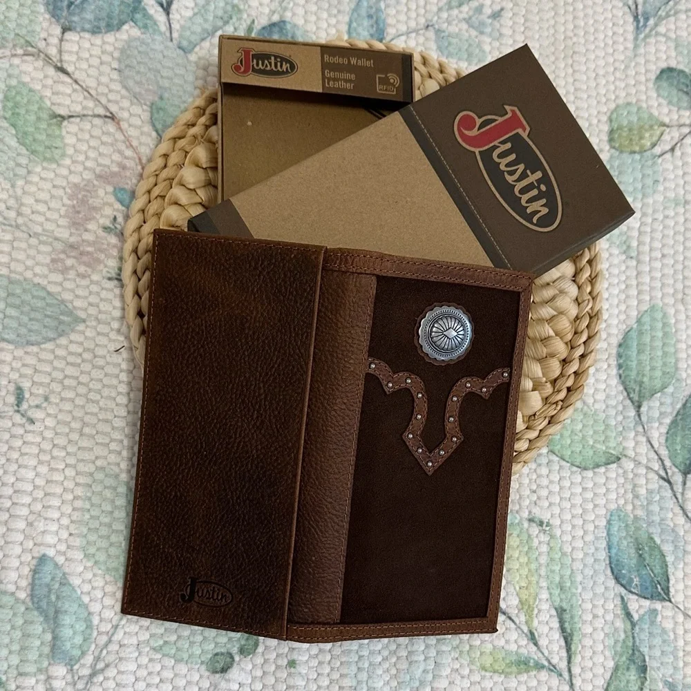 New Justin Boots Dark Brown Slim Bi Fold Leather Jr. Rodeo Wallet NIB